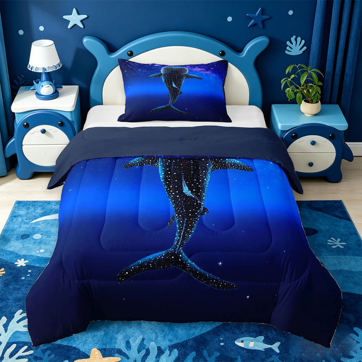 meiyoeat Sparkling Print Shark Full Size Comforter Sets For Boys,Coastal Ocean Style Bedding Comforter Set For Kids,Navy Blue Reversible,3-Piece