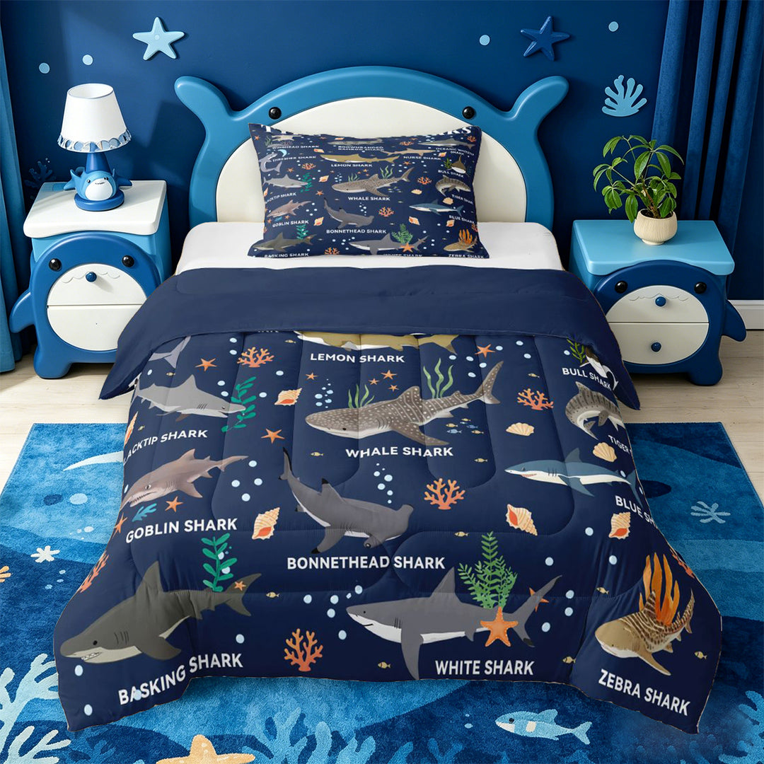 meiyoeat Watercolor Ocean Coral Full Size Comforter Sets For Boys,Cute Sea Animal Shark Bedding Comforter Set For Kids,Navy Blue Reversible,3pcs