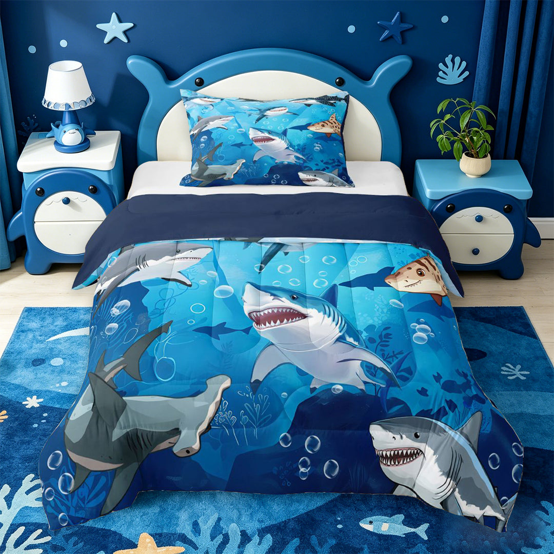 meiyoeat Cute Cartoon Shark Full Size Comforter Sets For Boys,Watercolor Ocean Theme Bedding Comforter Set For Kids,Navy Blue Reversible,3-Piece