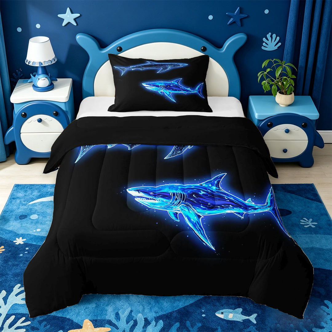meiyoeat Ocean Themed Full Size Comforter Sets For Kids,Cute Sea Animal Shark Bedding Comforter Set For Boys,Black Reversible,3pcs