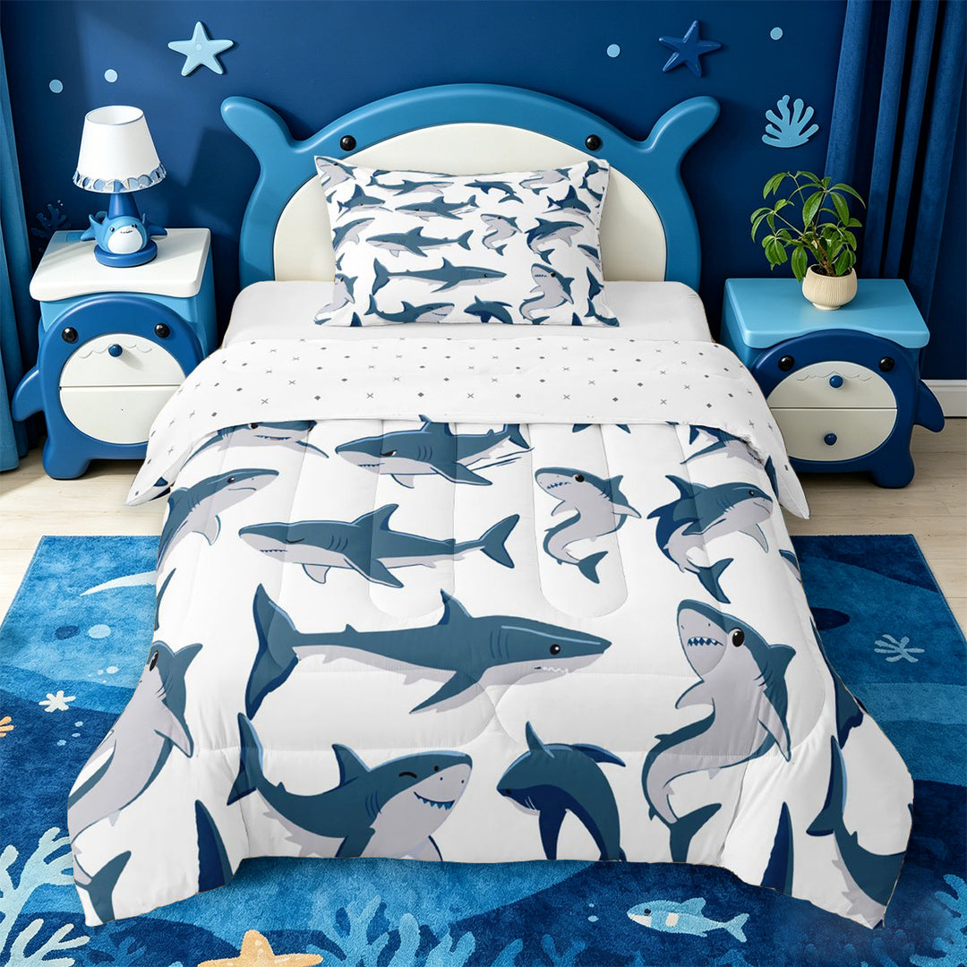 meiyoeat Cute Ocean Shark Full Size Comforter Sets For Boys,Marine Animal Bedding Comforter Set For Kids,Reversible,3 Pieces
