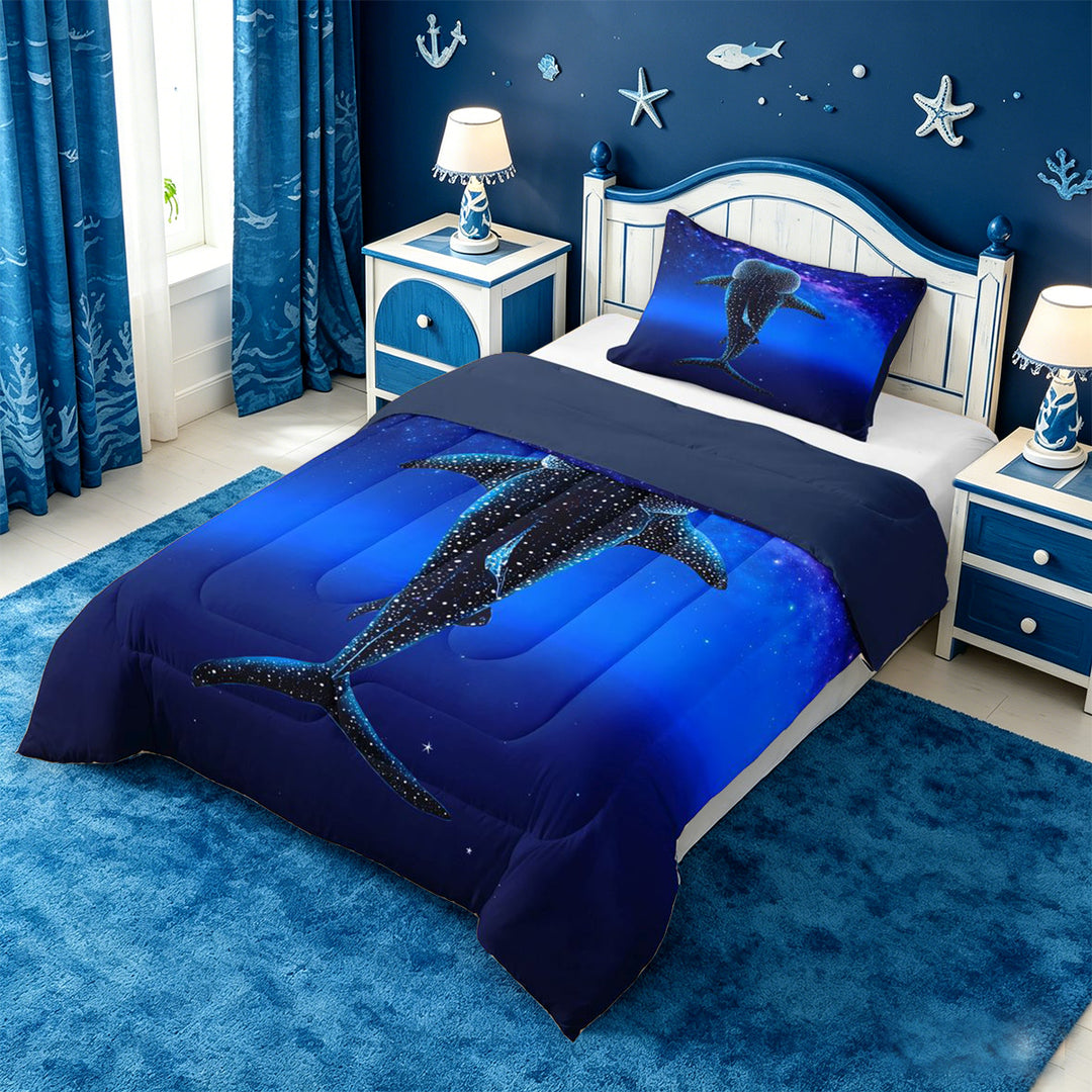 meiyoeat Sparkling Print Shark Full Size Comforter Sets For Boys,Coastal Ocean Style Bedding Comforter Set For Kids,Navy Blue Reversible,3-Piece