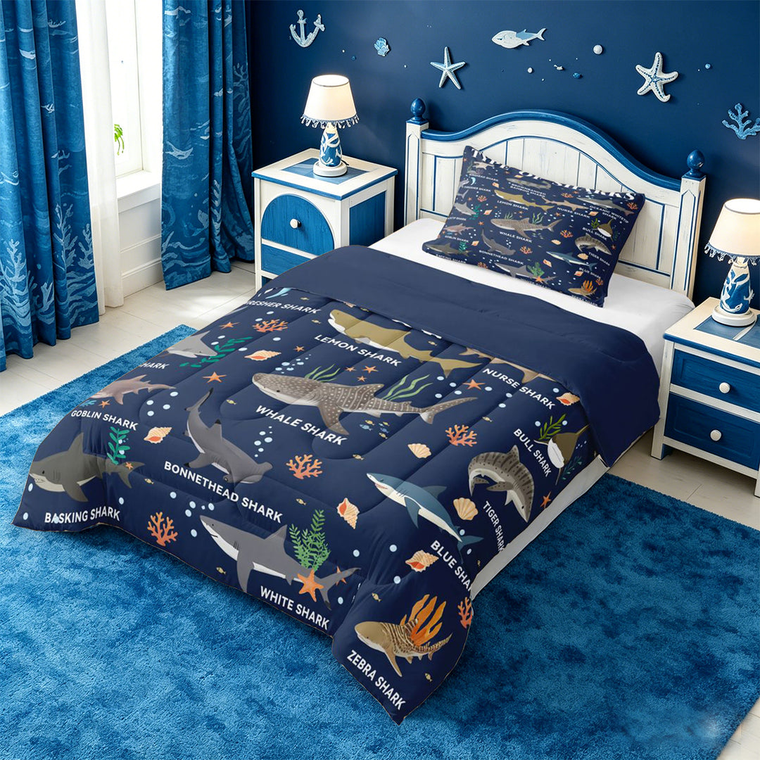meiyoeat Watercolor Ocean Coral Full Size Comforter Sets For Boys,Cute Sea Animal Shark Bedding Comforter Set For Kids,Navy Blue Reversible,3pcs