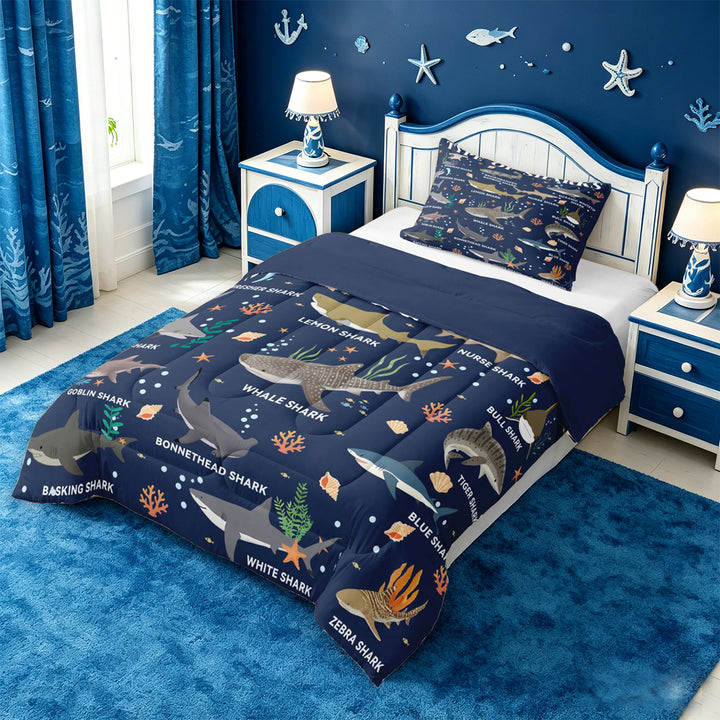 meiyoeat Watercolor Ocean Coral Full Size Comforter Sets For Boys,Cute Sea Animal Shark Bedding Comforter Set For Kids,Navy Blue Reversible,3pcs