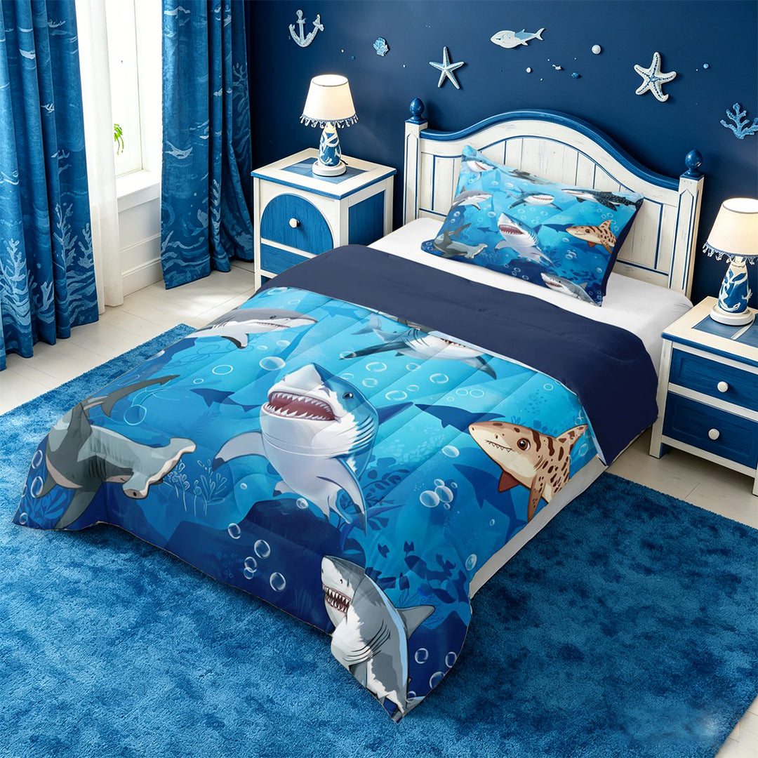 meiyoeat Cute Cartoon Shark Full Size Comforter Sets For Boys,Watercolor Ocean Theme Bedding Comforter Set For Kids,Navy Blue Reversible,3-Piece