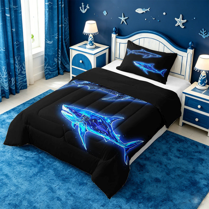 meiyoeat Ocean Themed Full Size Comforter Sets For Kids,Cute Sea Animal Shark Bedding Comforter Set For Boys,Black Reversible,3pcs
