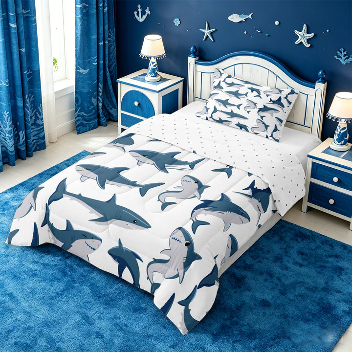meiyoeat Cute Ocean Shark Full Size Comforter Sets For Boys,Marine Animal Bedding Comforter Set For Kids,Reversible,3 Pieces