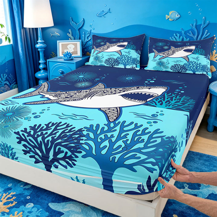 meiyoeat Vintage Bohemian Shark Bed Sheets For Boys,Kids Cartoon Sea Creature Full Size Sheets,4pcs