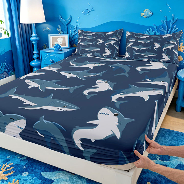 meiyoeat Sea Animal Shark Bed Sheets For Boys,Ocean Wildlife Print Full Size Sheets For Kids,4-Piece