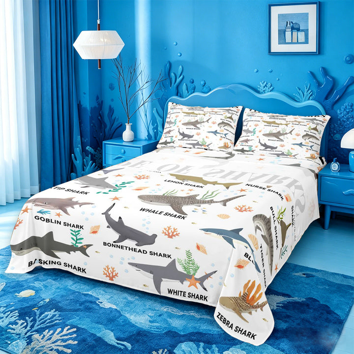 meiyoeat Kawaii Shark Bed Sheets For Kids,Colorful Ocean Animal Theme Full Size Sheets For Boys,4 Pieces