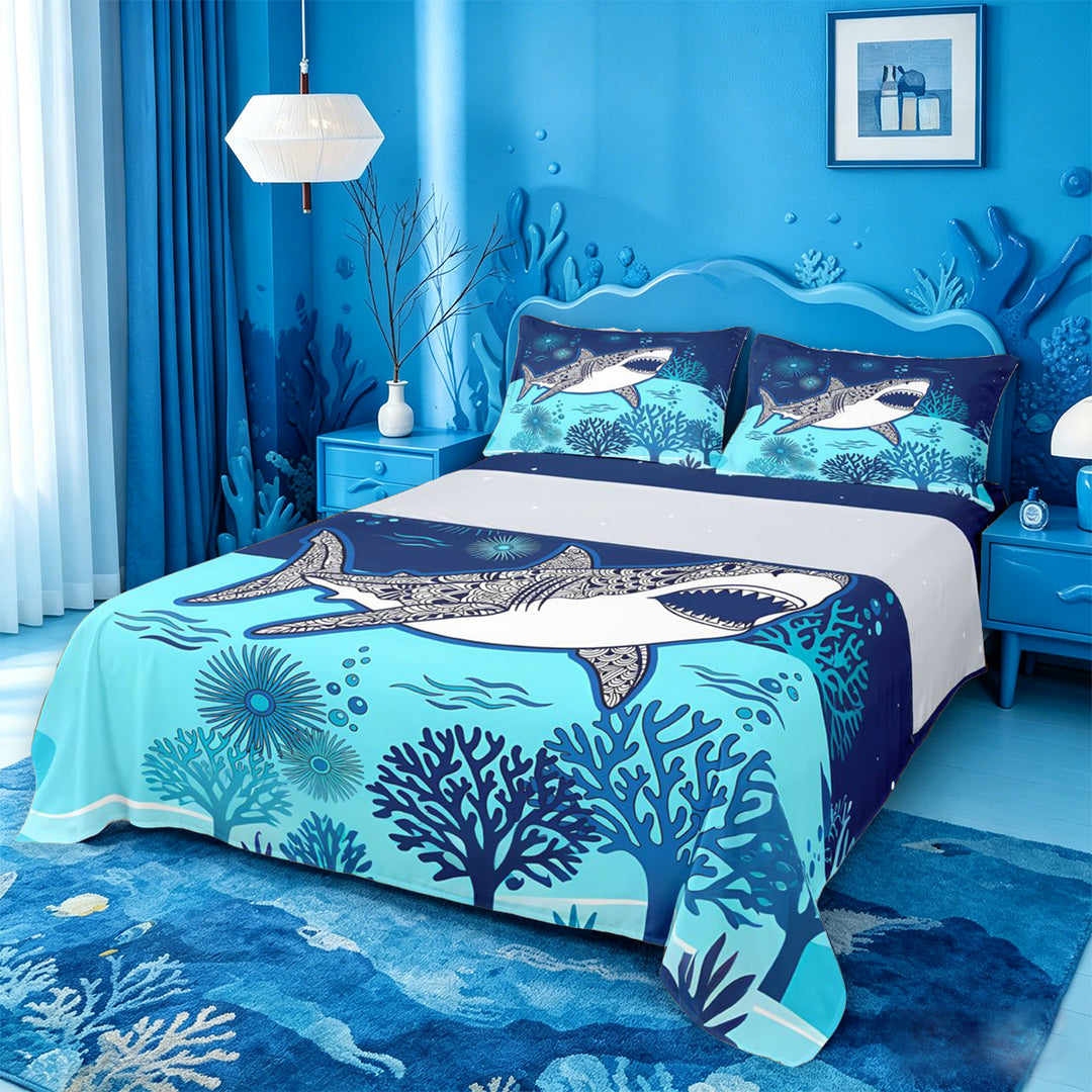 meiyoeat Vintage Bohemian Shark Bed Sheets For Boys,Kids Cartoon Sea Creature Full Size Sheets,4pcs
