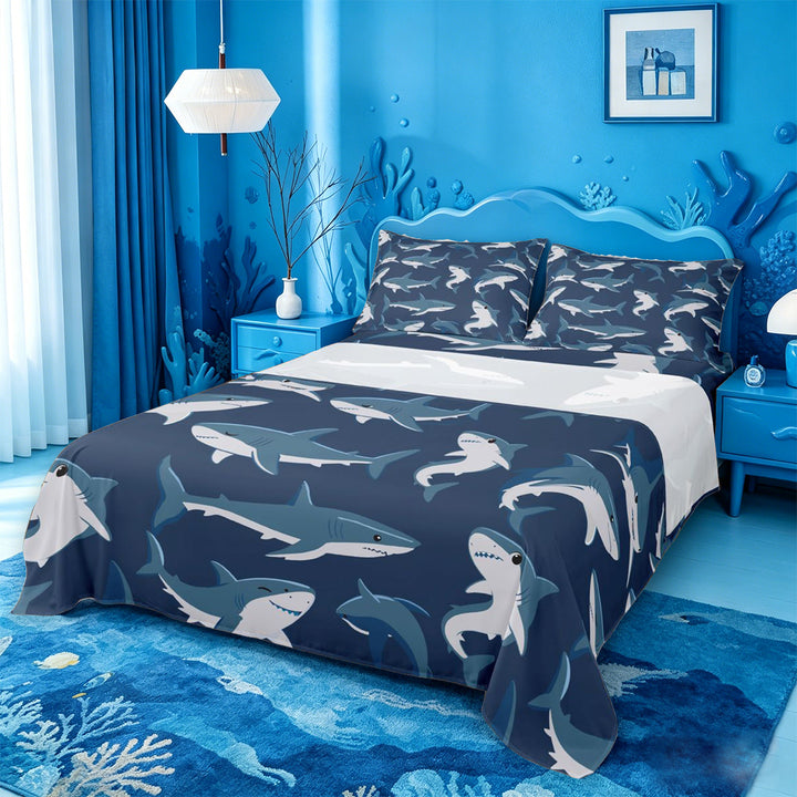 meiyoeat Sea Animal Shark Bed Sheets For Boys,Ocean Wildlife Print Full Size Sheets For Kids,4-Piece