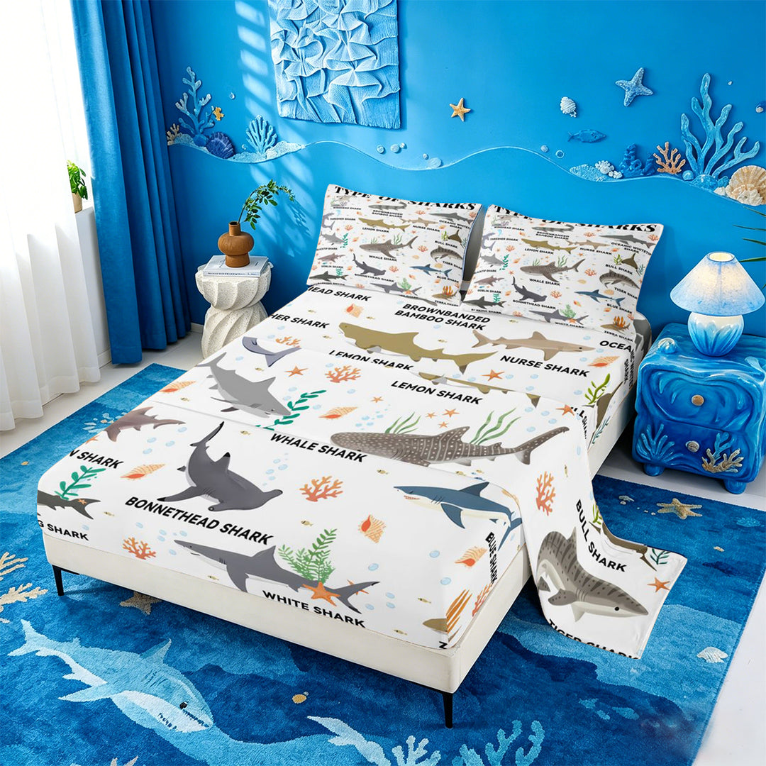 meiyoeat Kawaii Shark Bed Sheets For Kids,Colorful Ocean Animal Theme Full Size Sheets For Boys,4 Pieces