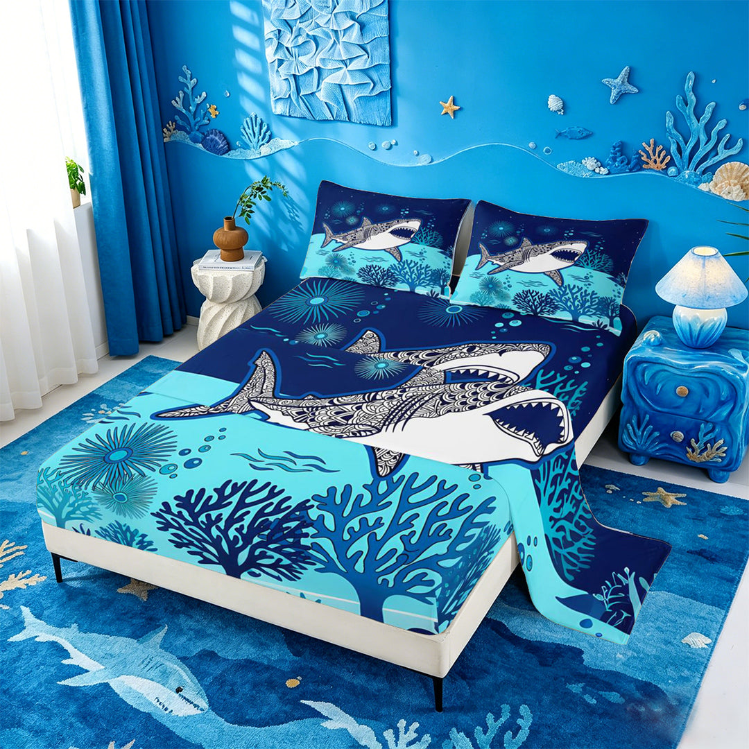 meiyoeat Vintage Bohemian Shark Bed Sheets For Boys,Kids Cartoon Sea Creature Full Size Sheets,4pcs
