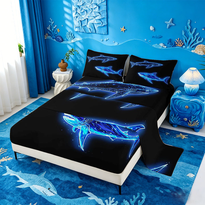 meiyoeat Ocean Themed Bed Sheets For Kids,Cute Sea Animal Shark Full Size Sheets For Boys,4pcs