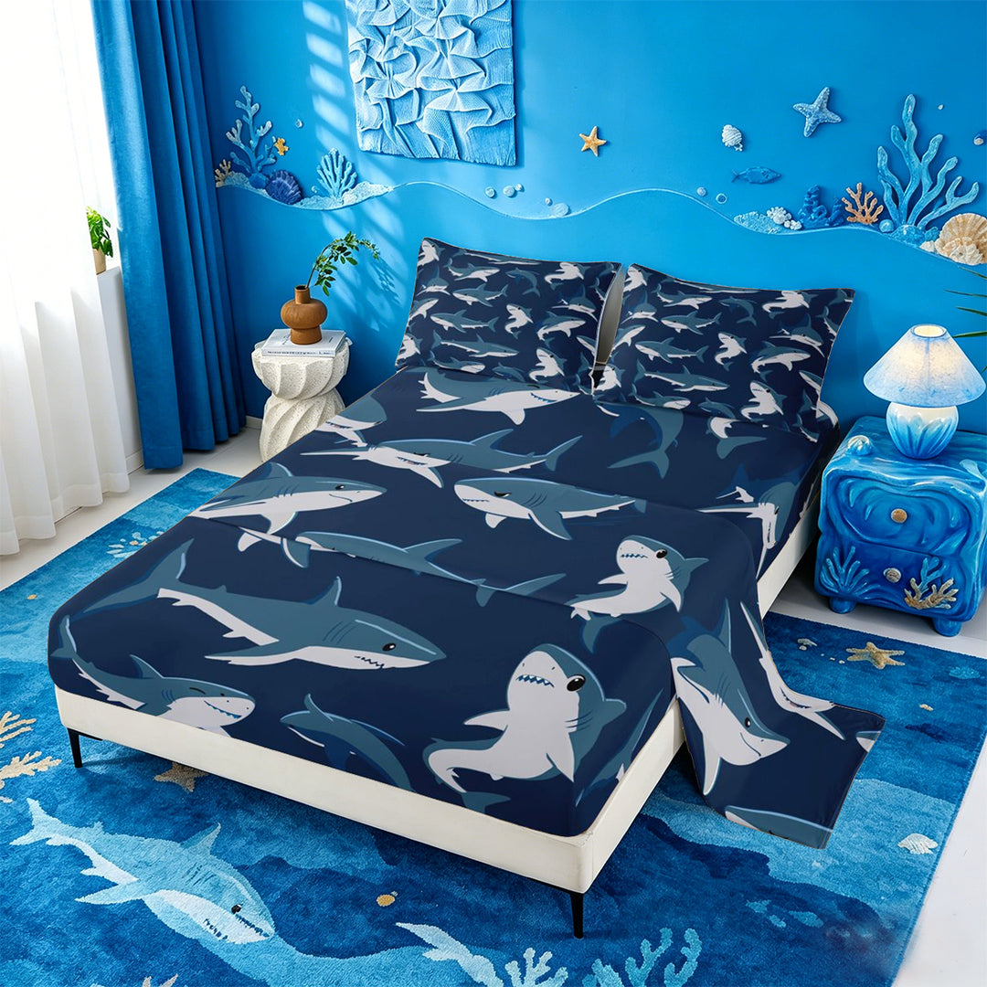 meiyoeat Sea Animal Shark Bed Sheets For Boys,Ocean Wildlife Print Full Size Sheets For Kids,4-Piece
