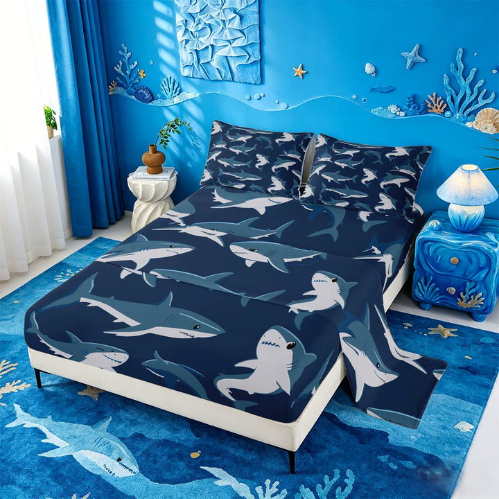 meiyoeat Sea Animal Shark Bed Sheets For Boys,Ocean Wildlife Print Full Size Sheets For Kids,4-Piece