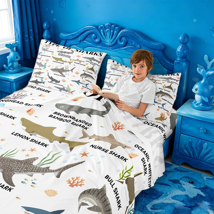 meiyoeat Kawaii Shark Bed Sheets For Kids,Colorful Ocean Animal Theme Full Size Sheets For Boys,4 Pieces