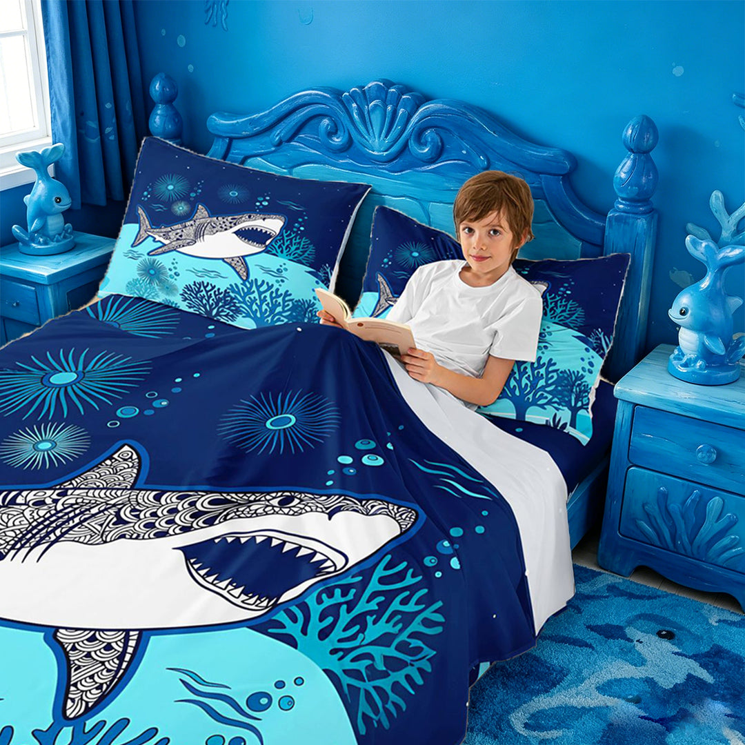 meiyoeat Vintage Bohemian Shark Bed Sheets For Boys,Kids Cartoon Sea Creature Full Size Sheets,4pcs