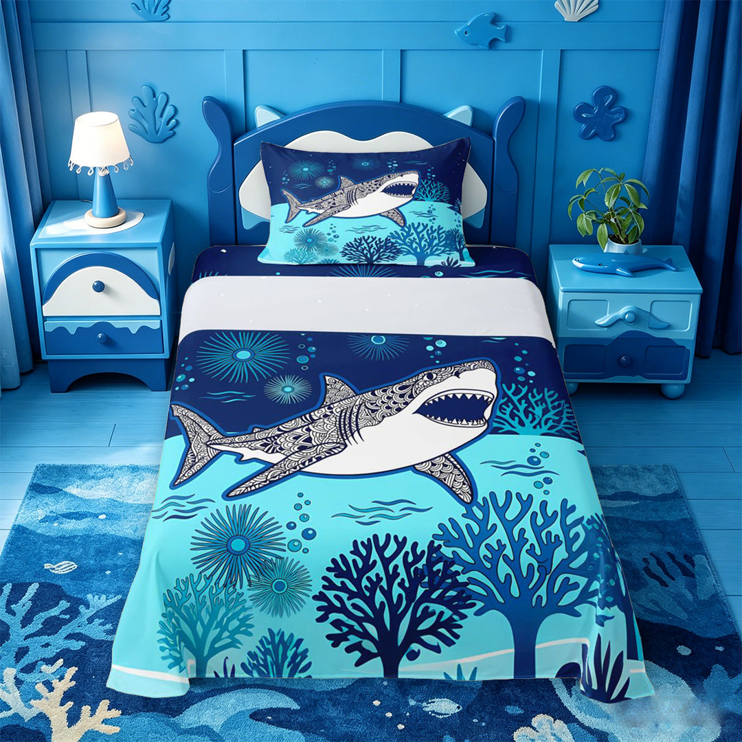meiyoeat Vintage Bohemian Shark Bed Sheets For Boys,Kids Cartoon Sea Creature Full Size Sheets,4pcs