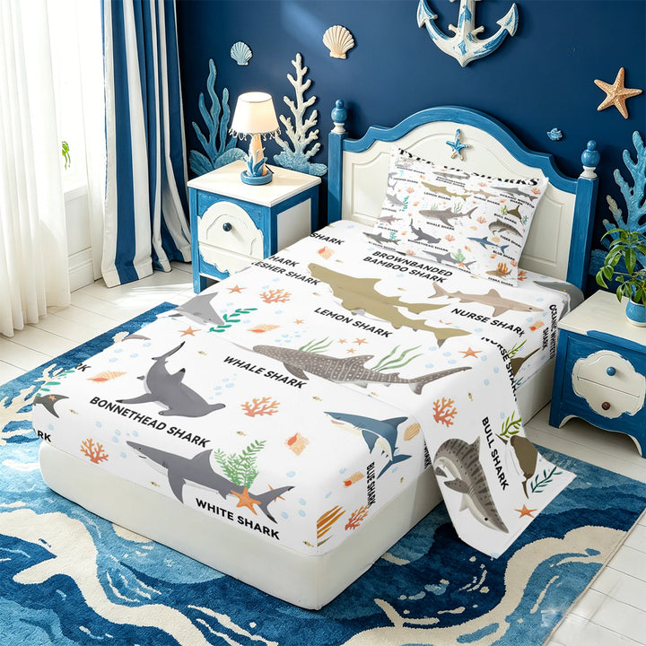 meiyoeat Kawaii Shark Bed Sheets For Kids,Colorful Ocean Animal Theme Full Size Sheets For Boys,4 Pieces