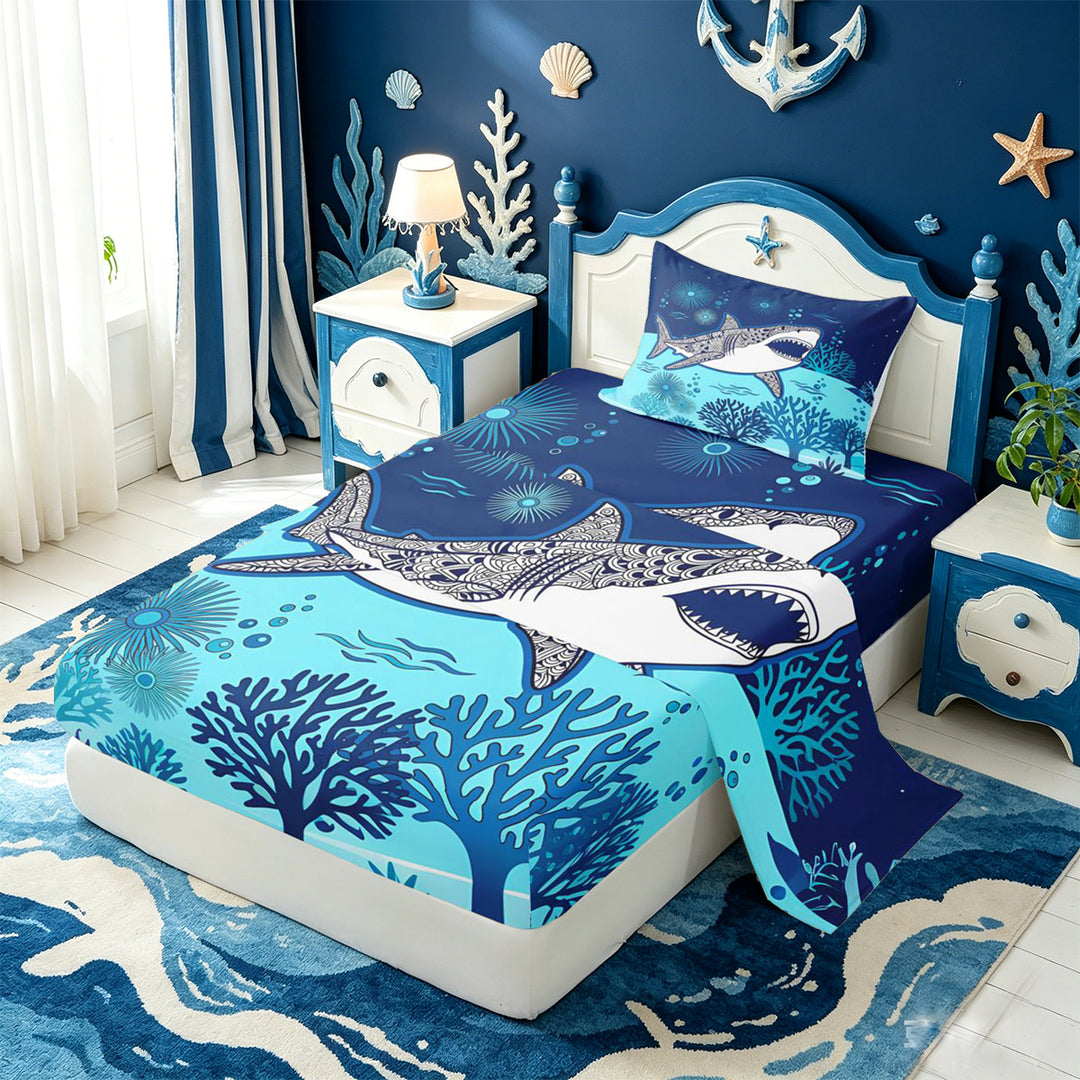 meiyoeat Vintage Bohemian Shark Bed Sheets For Boys,Kids Cartoon Sea Creature Full Size Sheets,4pcs