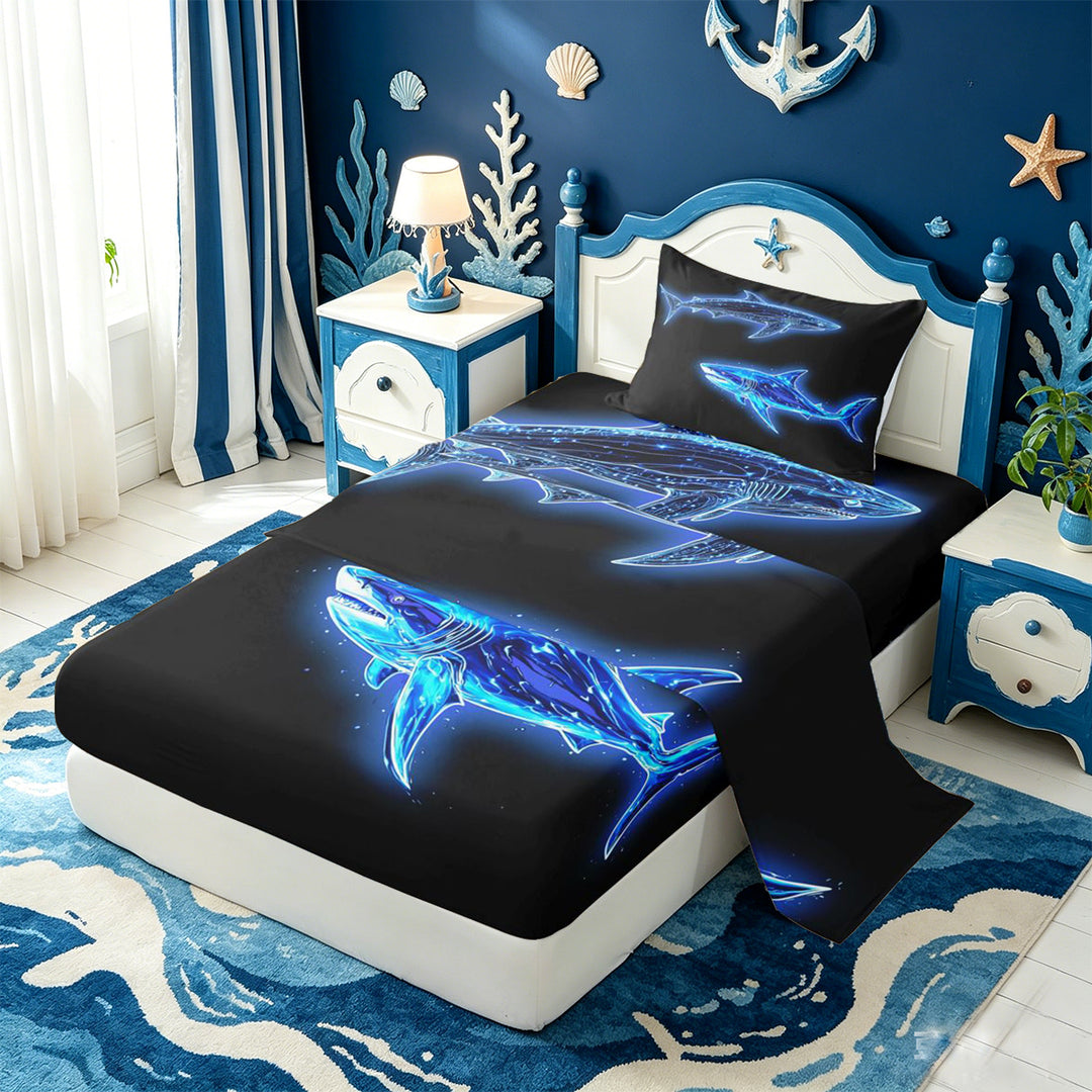 meiyoeat Ocean Themed Bed Sheets For Kids,Cute Sea Animal Shark Full Size Sheets For Boys,4pcs