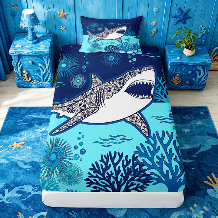 meiyoeat Vintage Bohemian Shark Bed Sheets For Boys,Kids Cartoon Sea Creature Full Size Sheets,4pcs