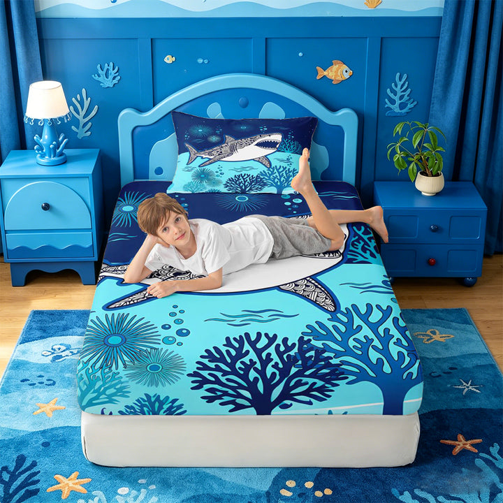 meiyoeat Vintage Bohemian Shark Bed Sheets For Boys,Kids Cartoon Sea Creature Full Size Sheets,4pcs