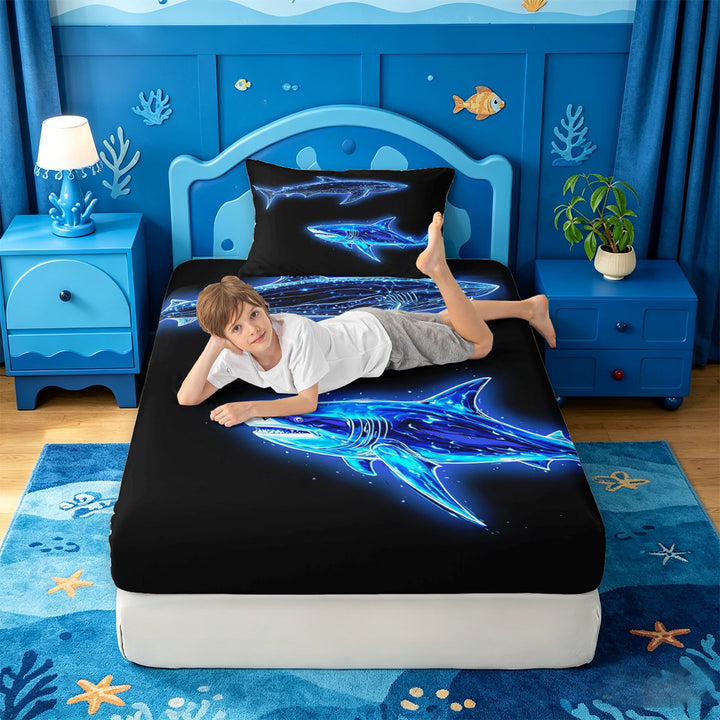 meiyoeat Ocean Themed Bed Sheets For Kids,Cute Sea Animal Shark Full Size Sheets For Boys,4pcs