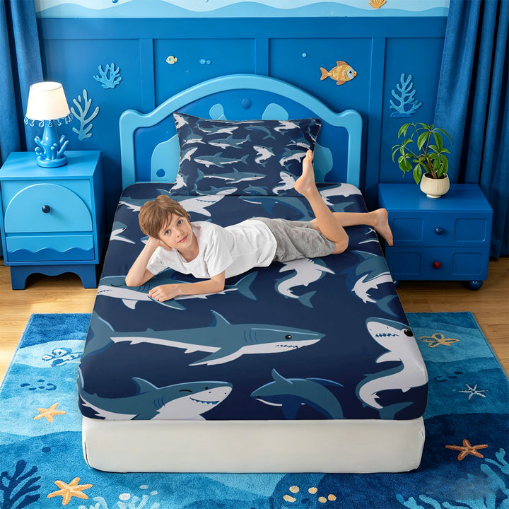 meiyoeat Sea Animal Shark Bed Sheets For Boys,Ocean Wildlife Print Full Size Sheets For Kids,4-Piece