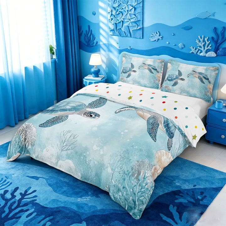 meiyoeat Sea Turtle Bedding For Boys,Watercolor Blue Coral Duvet Cover Full For Kids,Reversible,3 Pieces(No Comforter)
