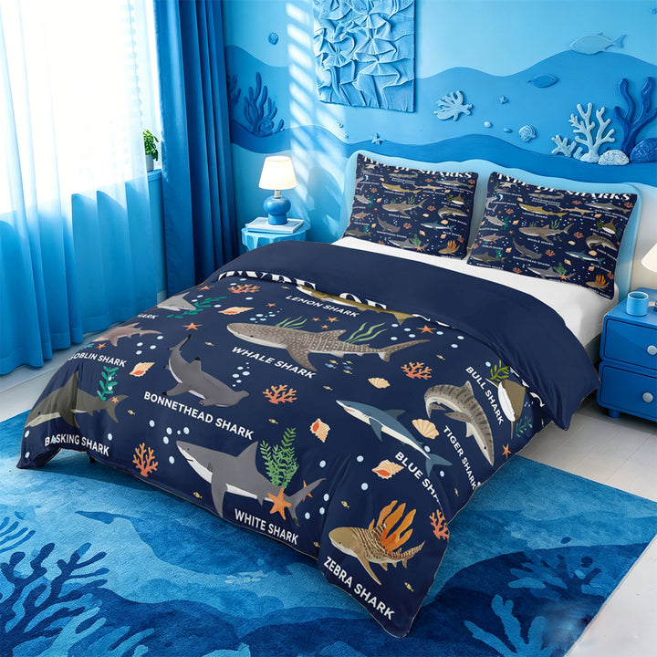 meiyoeat Watercolor Ocean Coral Bedding For Boys,Cute Sea Animal Shark Duvet Cover Full For Kids,Navy Blue Reversible,3pcs(No Comforter)