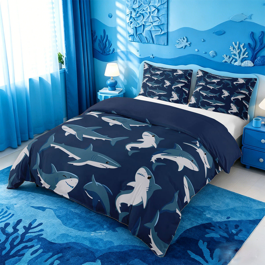 meiyoeat Sea Animal Shark Bedding For Boys,Ocean Wildlife Print Duvet Cover Full For Kids,Navy Blue Reversible,3-Piece(No Comforter)