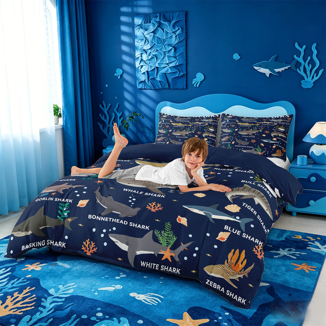 meiyoeat Watercolor Ocean Coral Bedding For Boys,Cute Sea Animal Shark Duvet Cover Full For Kids,Navy Blue Reversible,3pcs(No Comforter)