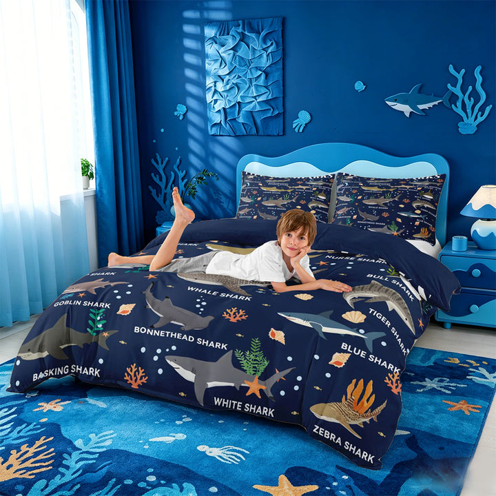 meiyoeat Watercolor Ocean Coral Bedding For Boys,Cute Sea Animal Shark Duvet Cover Full For Kids,Navy Blue Reversible,3pcs(No Comforter)