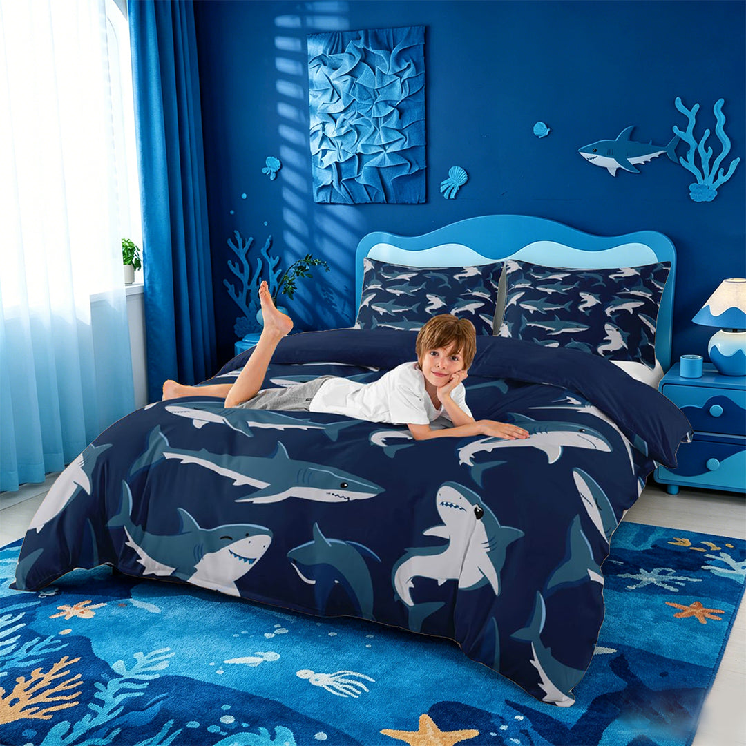 meiyoeat Sea Animal Shark Bedding For Boys,Ocean Wildlife Print Duvet Cover Full For Kids,Navy Blue Reversible,3-Piece(No Comforter)