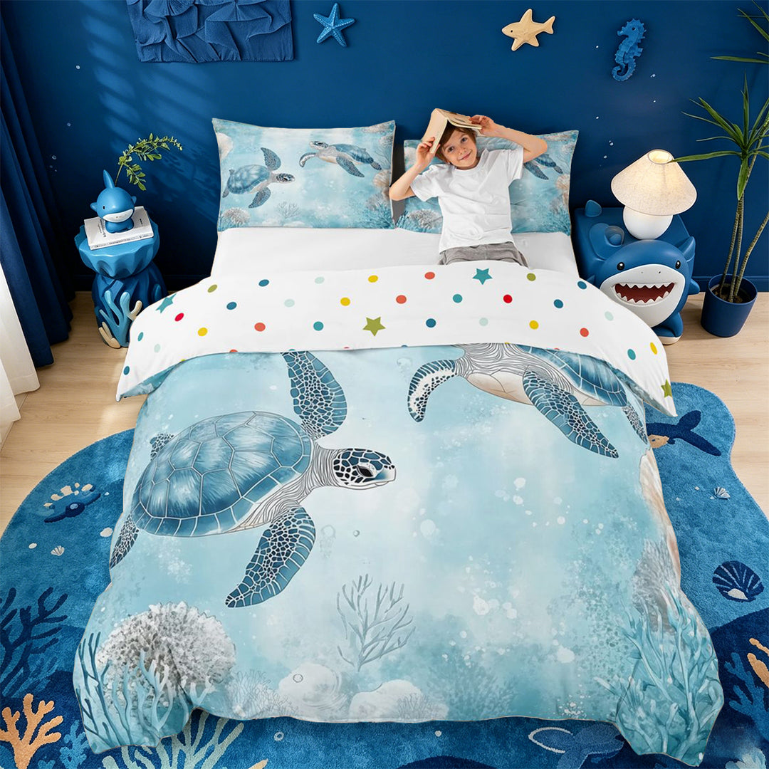 meiyoeat Sea Turtle Bedding For Boys,Watercolor Blue Coral Duvet Cover Full For Kids,Reversible,3 Pieces(No Comforter)