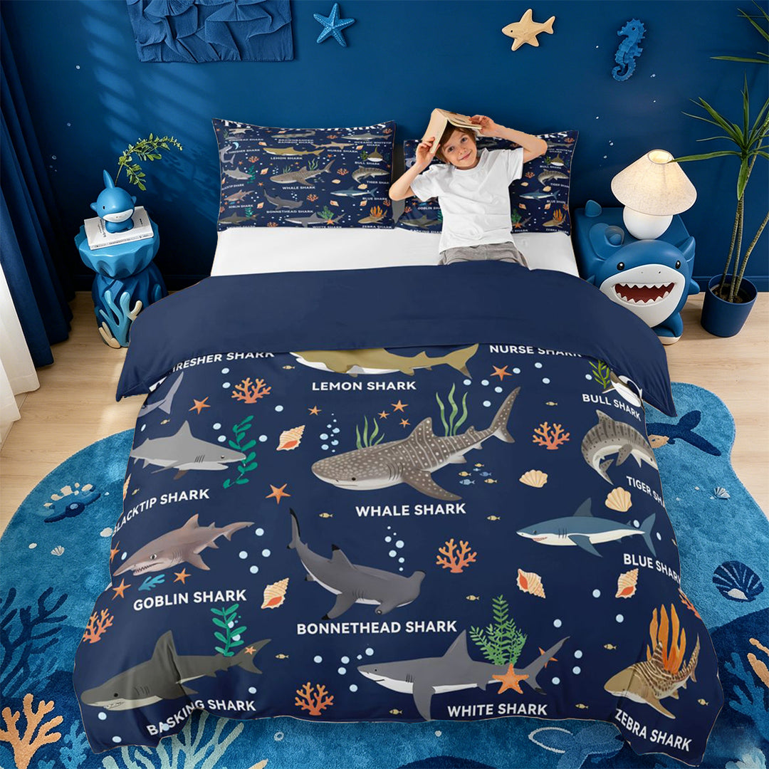 meiyoeat Watercolor Ocean Coral Bedding For Boys,Cute Sea Animal Shark Duvet Cover Full For Kids,Navy Blue Reversible,3pcs(No Comforter)