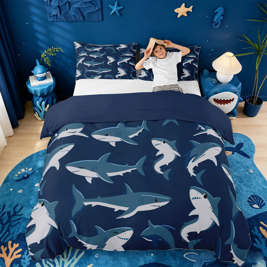 meiyoeat Sea Animal Shark Bedding For Boys,Ocean Wildlife Print Duvet Cover Full For Kids,Navy Blue Reversible,3-Piece(No Comforter)