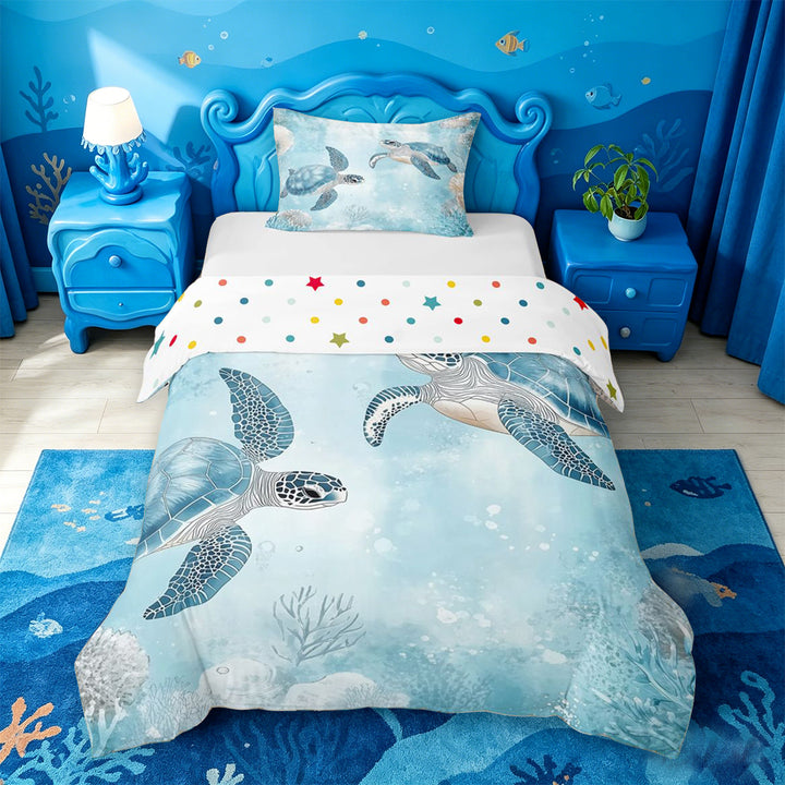 meiyoeat Sea Turtle Bedding For Boys,Watercolor Blue Coral Duvet Cover Full For Kids,Reversible,3 Pieces(No Comforter)