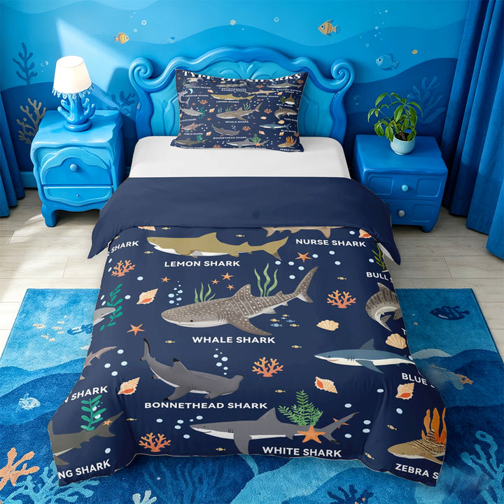 meiyoeat Watercolor Ocean Coral Bedding For Boys,Cute Sea Animal Shark Duvet Cover Full For Kids,Navy Blue Reversible,3pcs(No Comforter)
