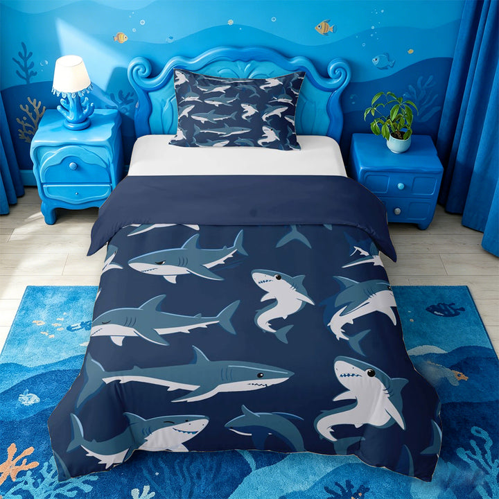 meiyoeat Sea Animal Shark Bedding For Boys,Ocean Wildlife Print Duvet Cover Full For Kids,Navy Blue Reversible,3-Piece(No Comforter)