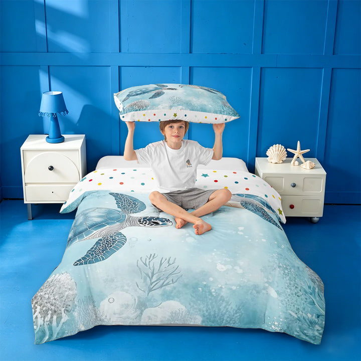 meiyoeat Sea Turtle Bedding For Boys,Watercolor Blue Coral Duvet Cover Full For Kids,Reversible,3 Pieces(No Comforter)