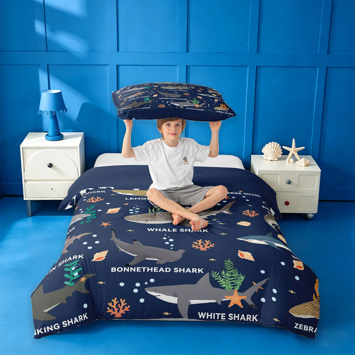 meiyoeat Watercolor Ocean Coral Bedding For Boys,Cute Sea Animal Shark Duvet Cover Full For Kids,Navy Blue Reversible,3pcs(No Comforter)