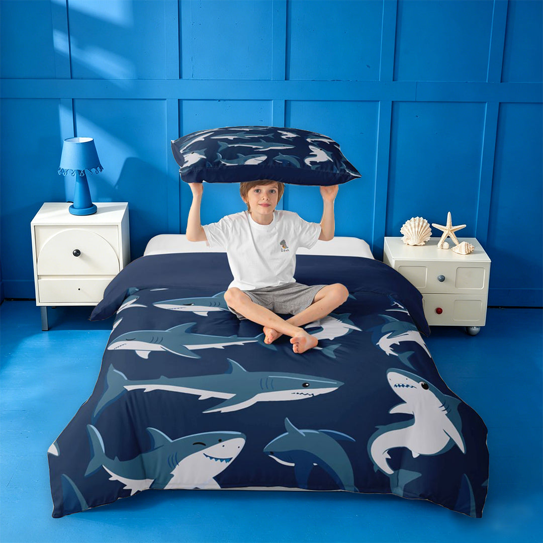 meiyoeat Sea Animal Shark Bedding For Boys,Ocean Wildlife Print Duvet Cover Full For Kids,Navy Blue Reversible,3-Piece(No Comforter)