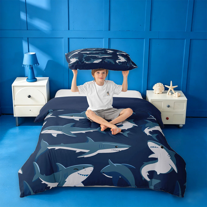 meiyoeat Sea Animal Shark Bedding For Boys,Ocean Wildlife Print Duvet Cover Full For Kids,Navy Blue Reversible,3-Piece(No Comforter)