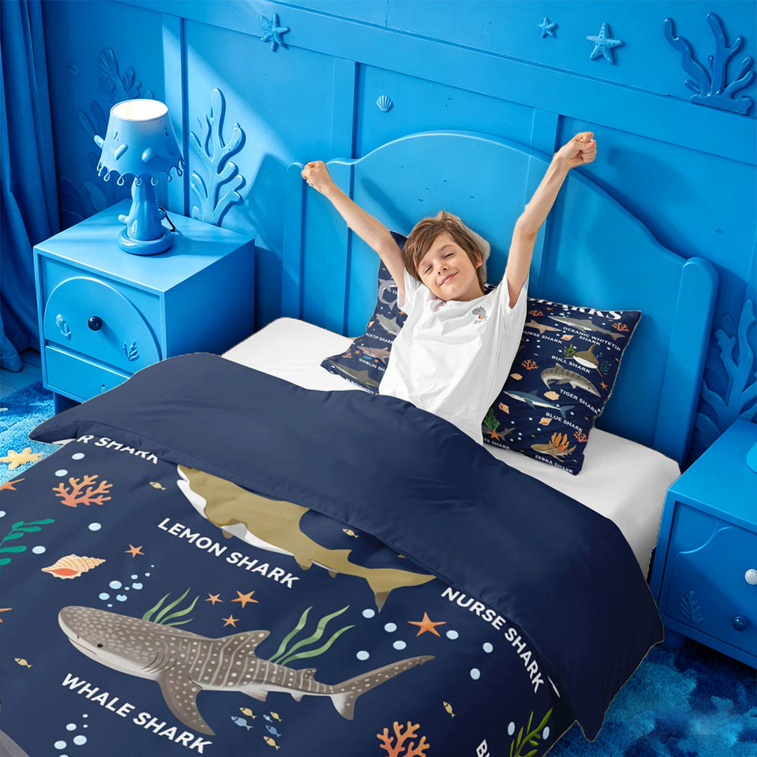 meiyoeat Watercolor Ocean Coral Bedding For Boys,Cute Sea Animal Shark Duvet Cover Full For Kids,Navy Blue Reversible,3pcs(No Comforter)