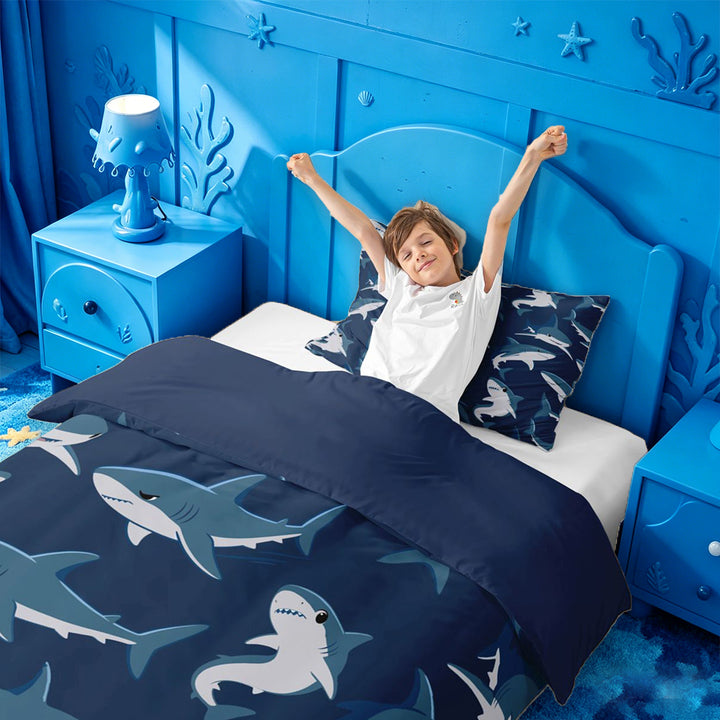 meiyoeat Sea Animal Shark Bedding For Boys,Ocean Wildlife Print Duvet Cover Full For Kids,Navy Blue Reversible,3-Piece(No Comforter)