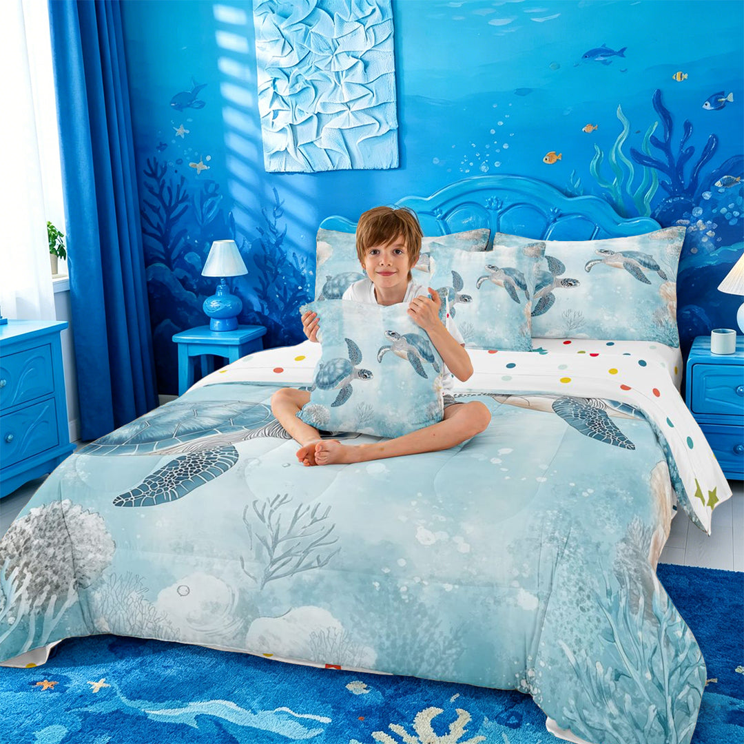 meiyoeat Sea Turtle 7 Pieces Full Size Bedding Sets For Boys,Watercolor Blue Coral Full Size Bed in a Bag For Kids,Reversible